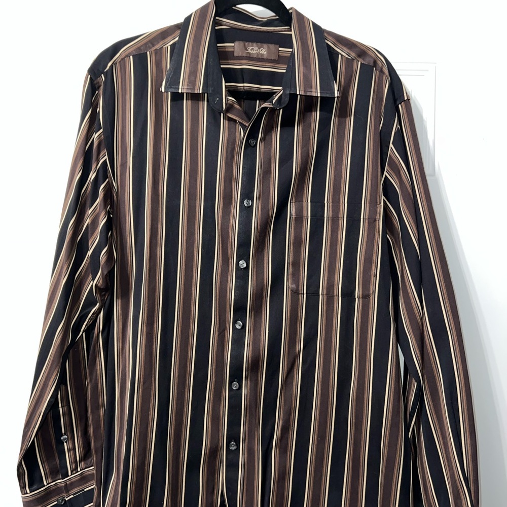 Tasso Elba Men's Black and Brown Striped Shirt